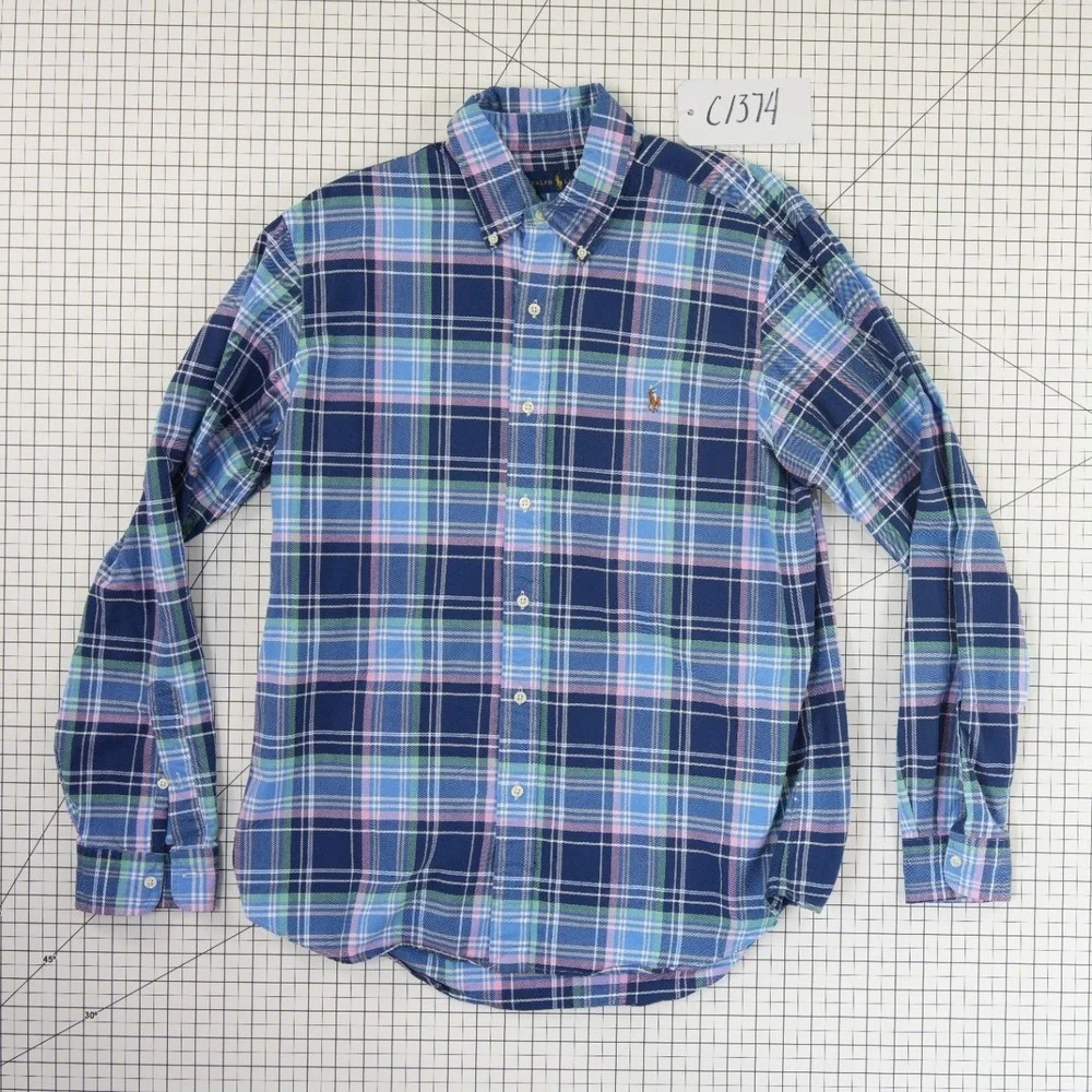 Ralph Lauren Button Down Men's Size Large Blue Green Pink Plaid Long Sleeve Pony